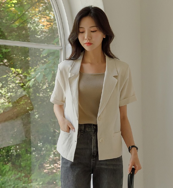マーター リネン ターンアップ 半袖ジャケット オフィスカジュアル 韓国ファッション JUSTONE